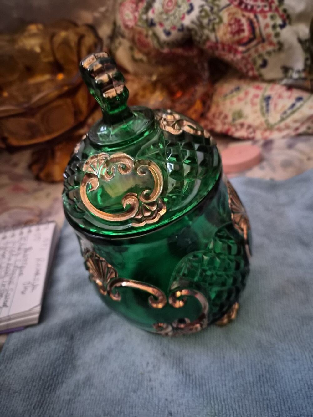 Antique Riverside Glass Croesus Covered Sugar Bowl in Emerald Green with Gilt...